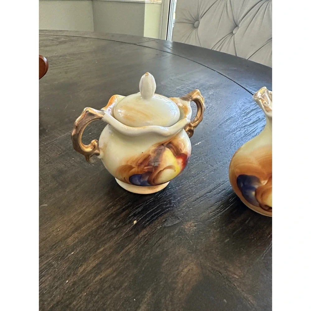 Vintage Mini Creamer Sugar Bowl Set Hand Painted Fruit Gold Trim Porcelain Japan